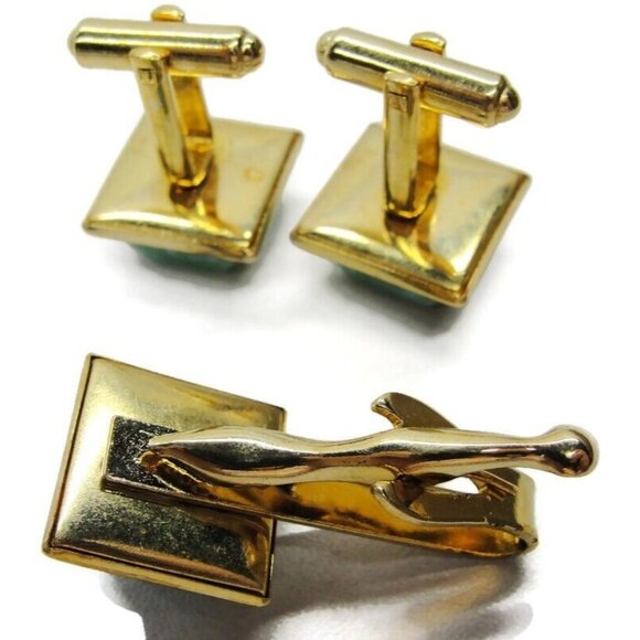 Jadeite Cufflinks Neck Tie Clip Square Gold Tone Set Tux Shirt Suit Vintage - Picture 3 of 5